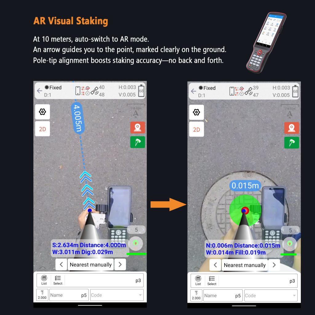 AR Visual Staking At 10 meters, auto-switch to AR mode. An arrow guides you to the point, marked clearly on the ground. Pole-tip alignment boosts staking accuracy-no back and forth.
